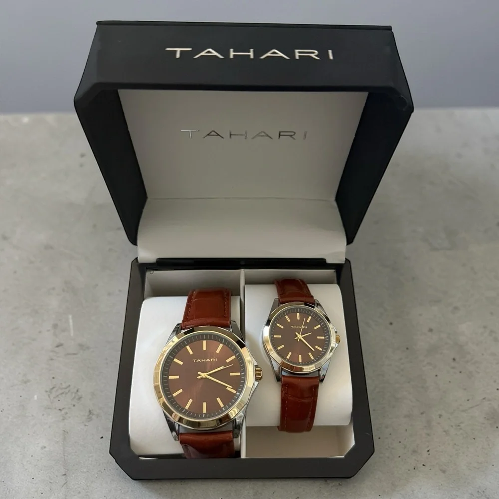 New Beautiful Tahari His & Hers Matching Watch Set Bronze Face with Brown Bands